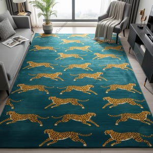 May include: Teal rectangular rug with a repeating pattern of running cheetahs in tan and brown. The rug is placed on a wooden floor, adding a touch of wildlife to the room's decor. The rug's dimensions are in centimetres.