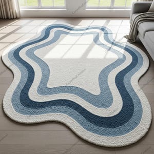 Blue White Irregular Abstract Hand Tufted Organic Shape Wool Area Rugs for Bedroom, Modern Wavy Pattern Artistic Statement Living Room Rug