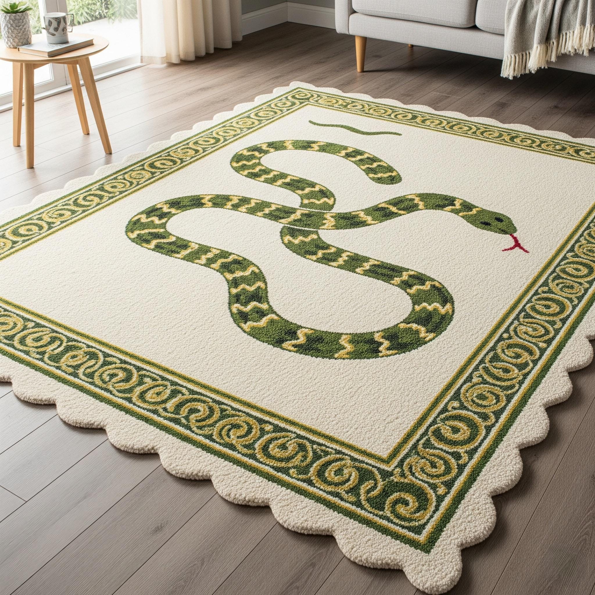 Skunk Rug Off White Deep Green Snake Hand Tufted Scalloped Wool Rugs for Bedroom ...