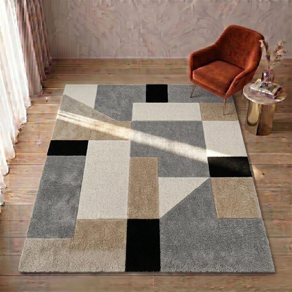 Modern Geometric Color Block Rug, Grey Beige Hand Tufted Wool Area Rug