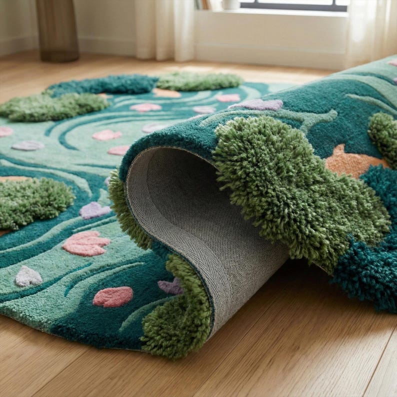 Pond/water Rug Koi Fish Pond Rug, Moss Green Irregular Hand Tufted Floral Wool Area ...