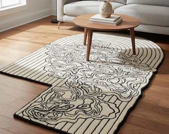 Irregular Ivory Black Hand Tufted Wool Rug, Abstract Modern Area Rug, Organic Shape Carpet