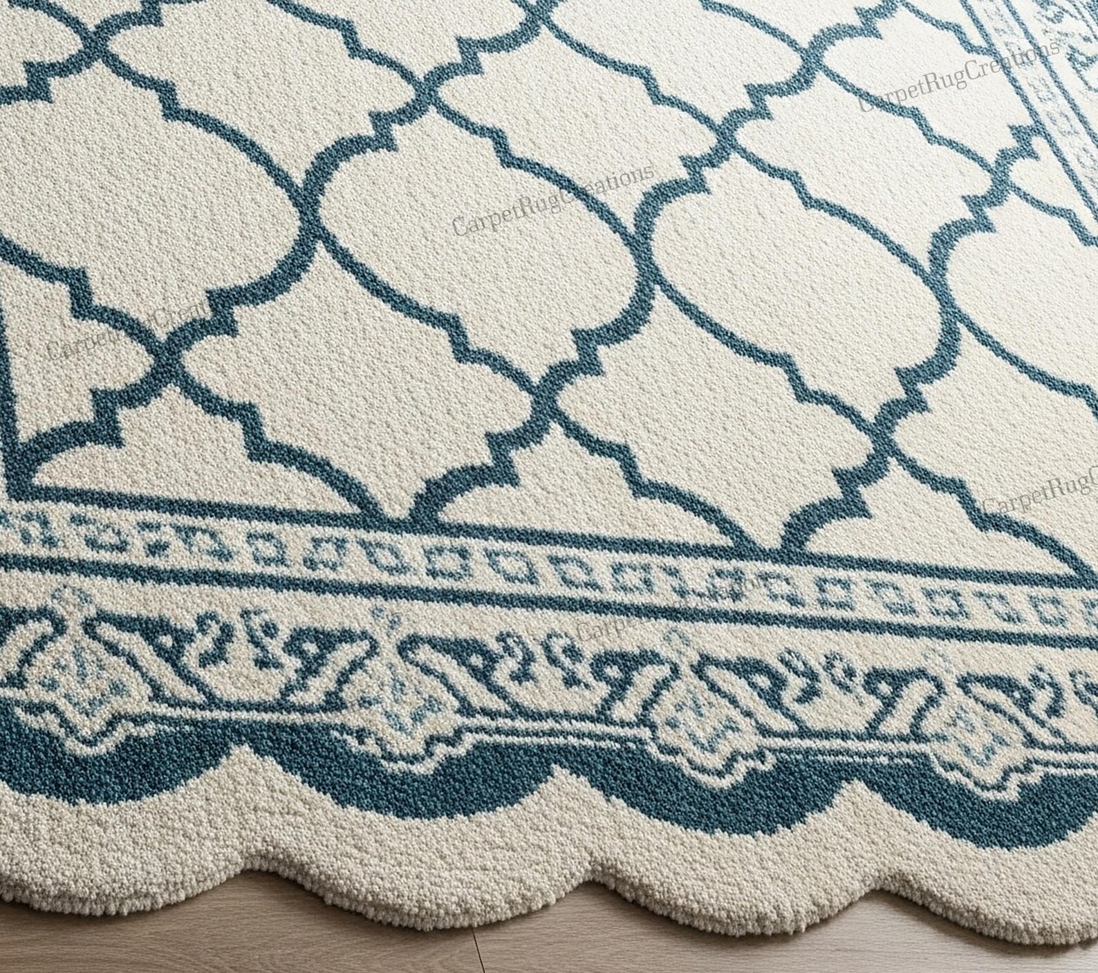 Small Deep Rug Off White Deep Teal Quatrefoil Design Scalloped Hand Tufted Wool Rug ...
