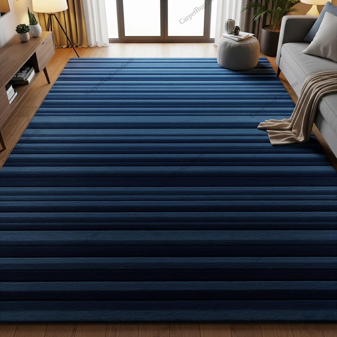Deep Blue Striped Hand Tufted Wool Rug, Modern Contemporary Area 8x10 ...