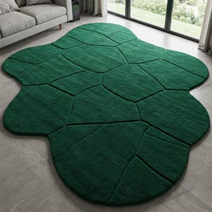 Emerald Green Irregular Abstract Hand Tufted Rugs For Bedroom, Modern Organic Shape Textured Living Room Wool Rug, Unique Handmade Carpets