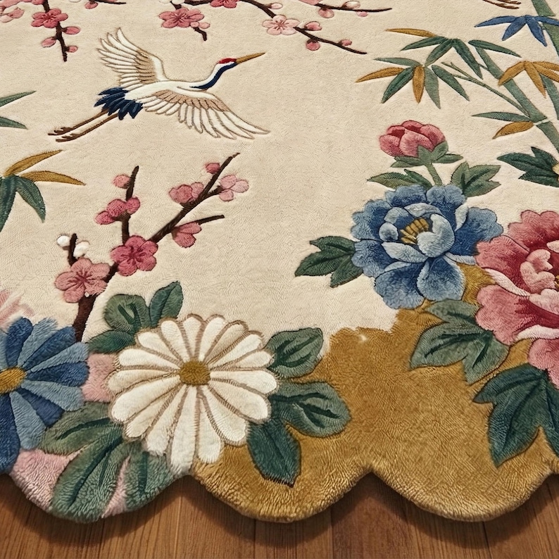 Cherry Blossoms Wool Rug, Traditional Pink Ivory Botanical Scalloped ...