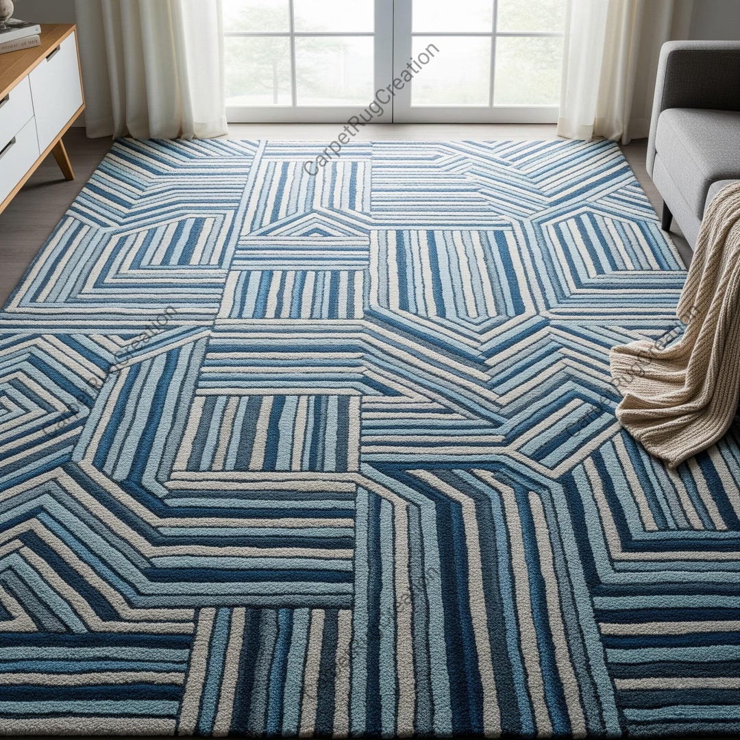 Blue off White Geometric Stripped Pattern Hand Tufted Wool Rugs for ...