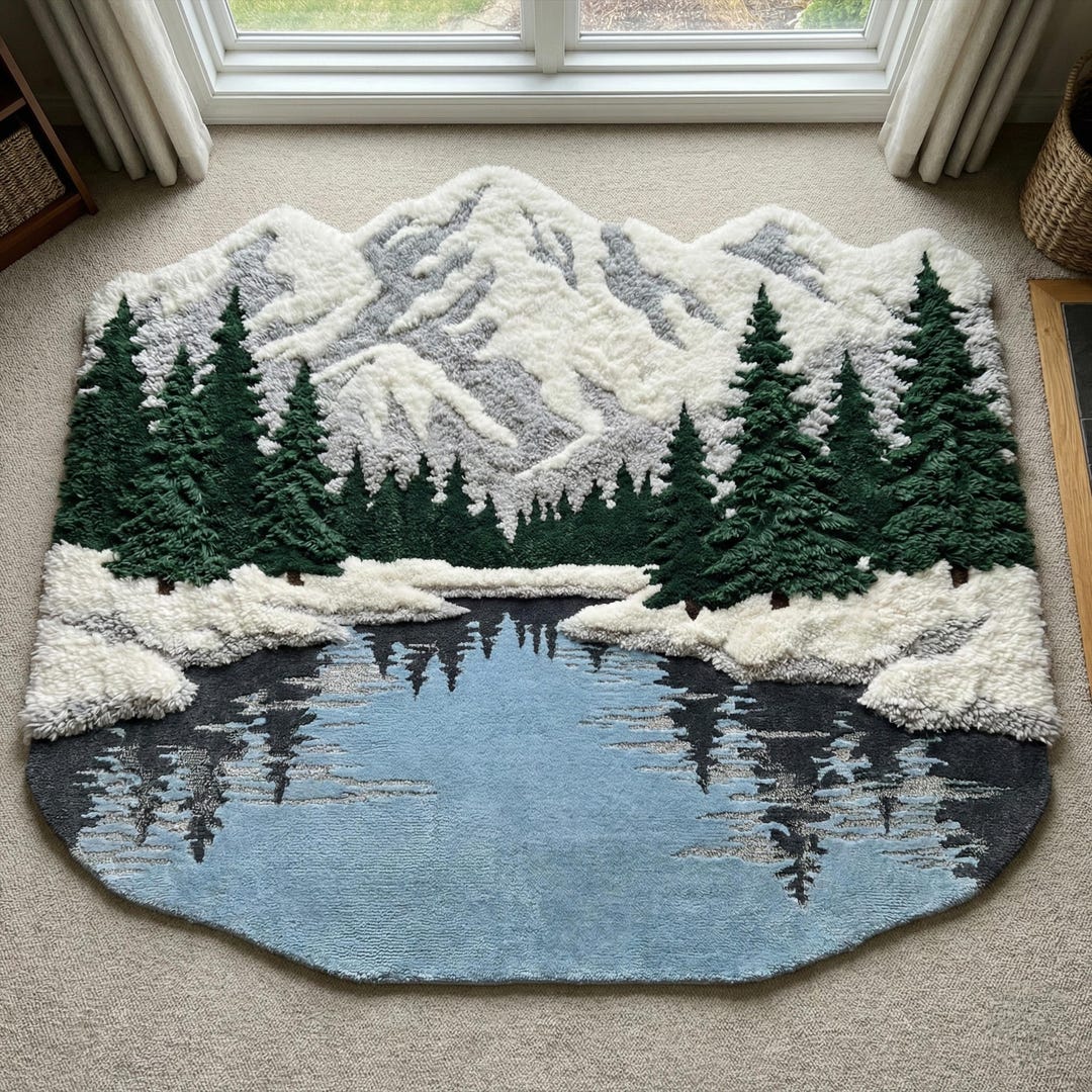 Stone Cold Rug Snow Pine Mountain Lake Rug, Irregular Modern Tufted Nature Wool Area ...