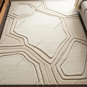 Off White Beige Abstract Hand Tufted Layered Wool Rugs for Bedroom, Modern High Low Textured Living Room Rug, Contemprarory Indoor Area Rugs