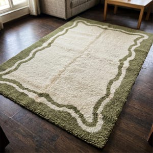 Olive Green Cream Wavy Border Wool Rug, Hand Tufted Modern Abstract Rectangular Area Rug for Living Room