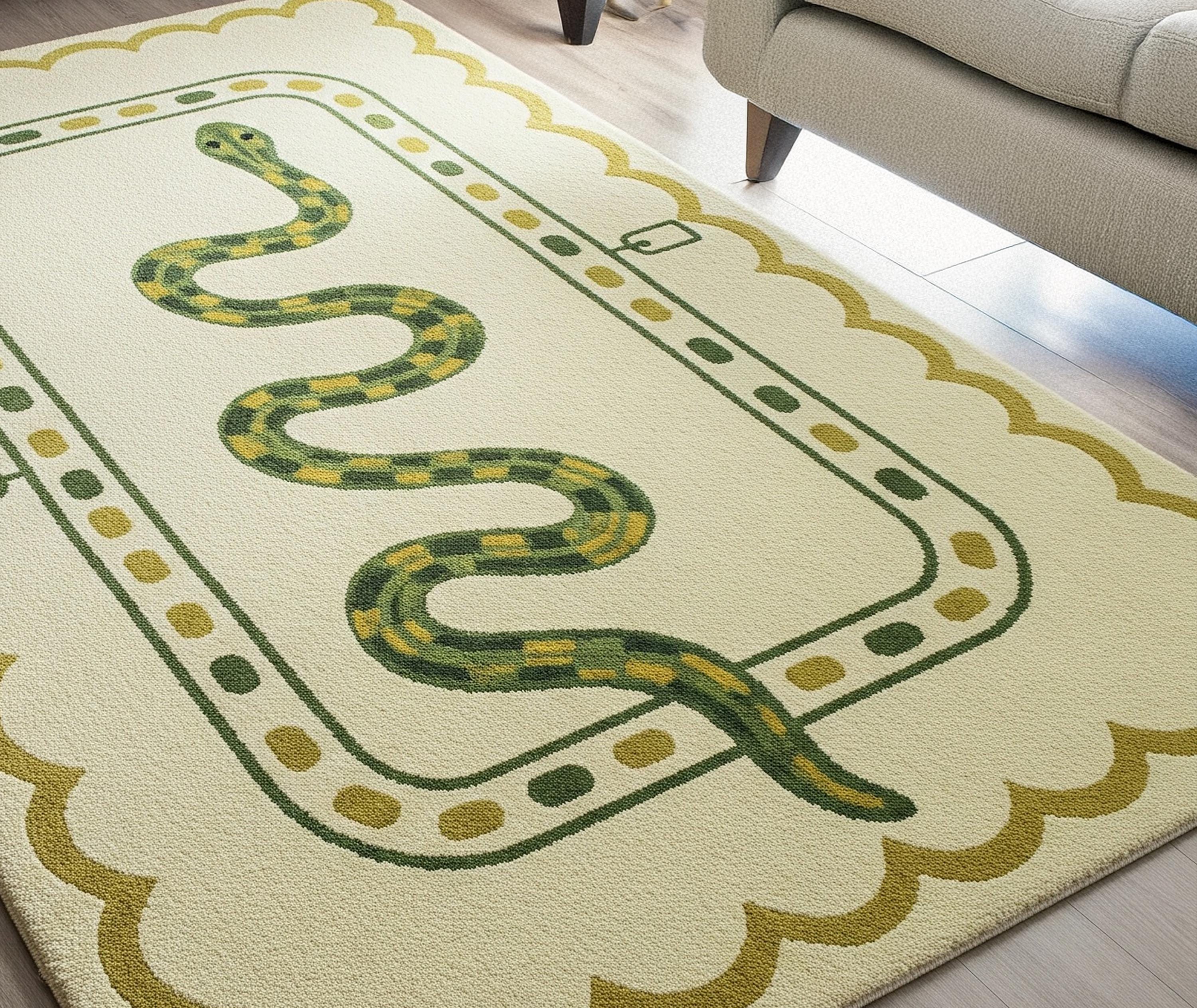 Whitesnake Rug Off White Olive Green Snake Hand Tufted Wool Rugs for Bedroom, Scallop ...