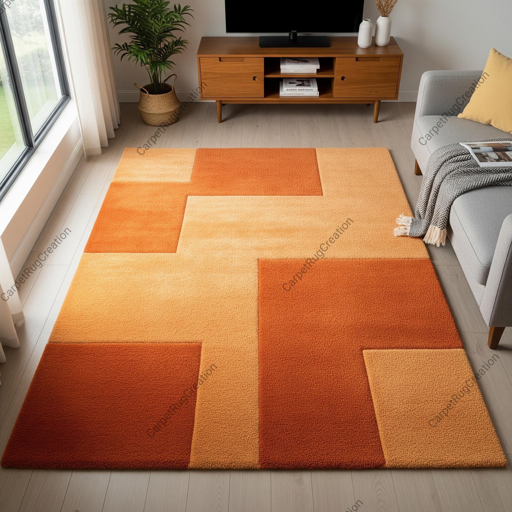 Warm Orange Hand Tufted Geometric Wool Area Living Room Rugs, Modern Contemporary 5x7 6x9 Rectangle Carpets for Bedroom, Custom Kitchen Rug