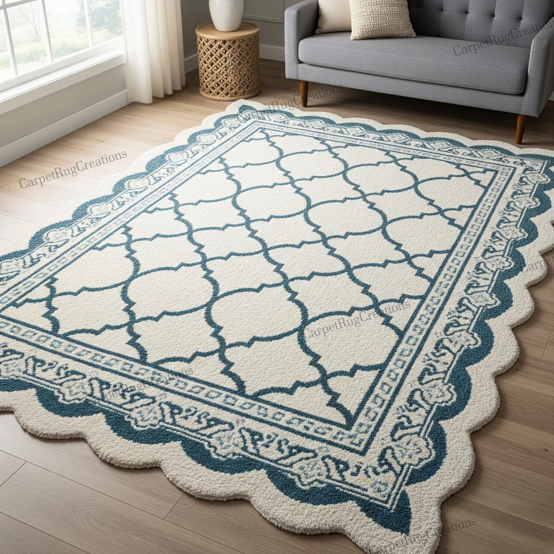 Small Deep Rug Off White Deep Teal Quatrefoil Design Scalloped Hand Tufted Wool Rug ...