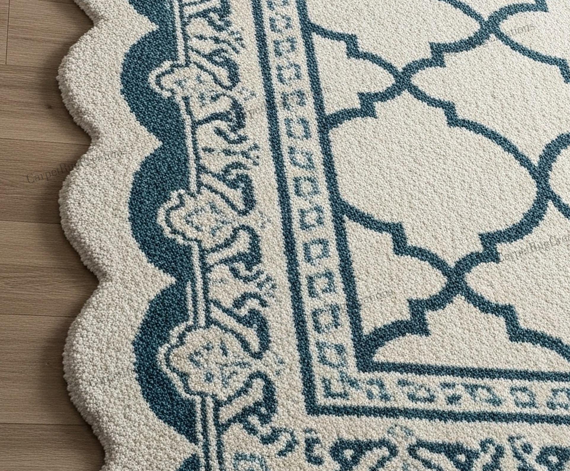 Small Deep Rug Off White Deep Teal Quatrefoil Design Scalloped Hand Tufted Wool Rug ...