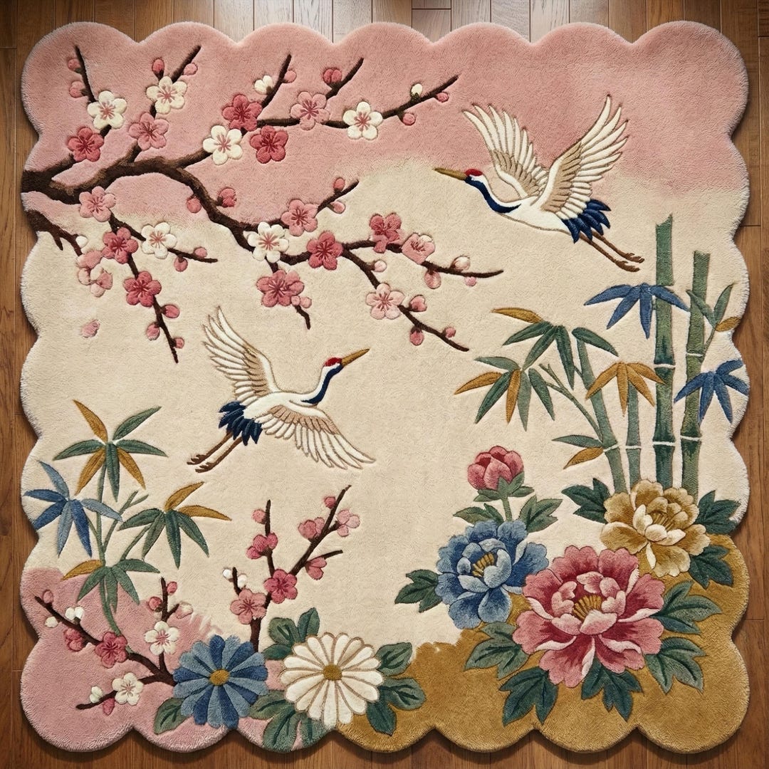Cherry Blossoms Wool Rug, Traditional Pink Ivory Botanical Scalloped ...