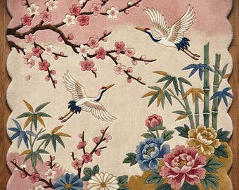 Cherry Blossoms Wool Rug, Traditional Pink Ivory Botanical Scalloped Area  Living Room Carpet