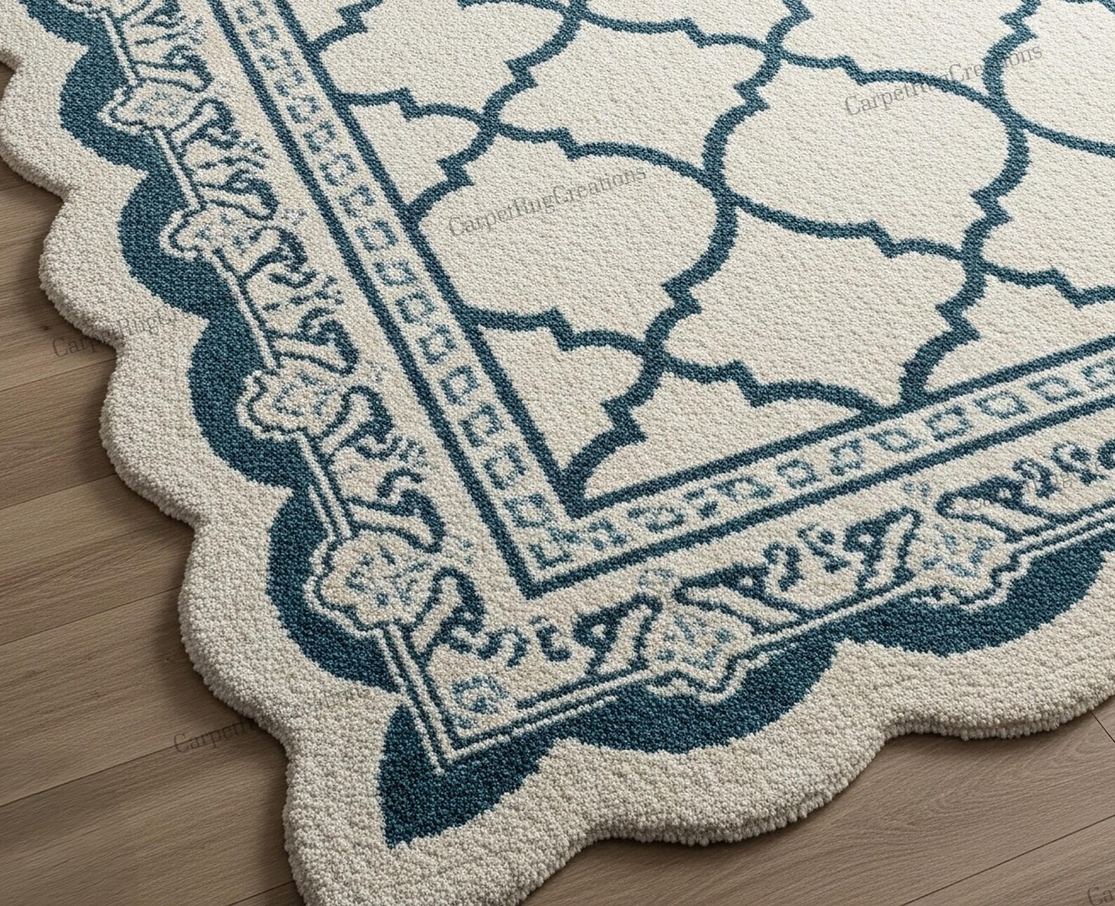 Small Deep Rug Off White Deep Teal Quatrefoil Design Scalloped Hand Tufted Wool Rug ...