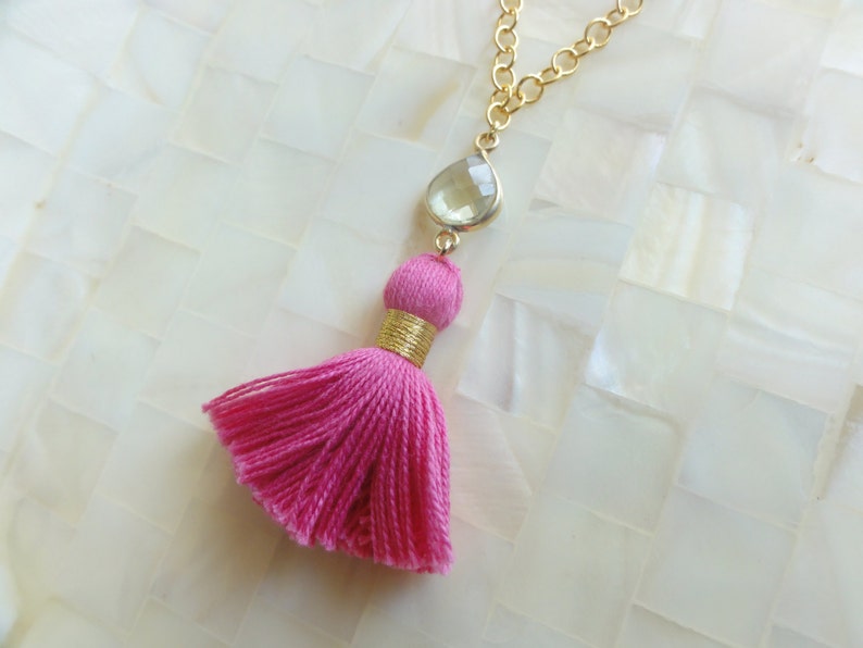 Pink Lemonade Faceted Lemon Quartz Vermeil Bezel Connector and Hot Pink Cotton Tassel on Gold Chain Necklace N1715