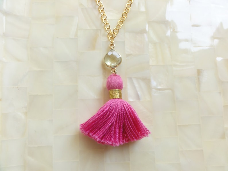 Pink Lemonade Faceted Lemon Quartz Vermeil Bezel Connector and Hot Pink Cotton Tassel on Gold Chain Necklace N1715