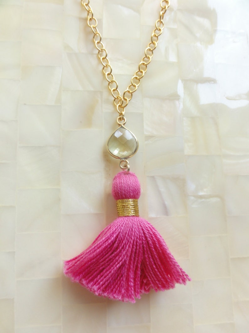 Pink Lemonade Faceted Lemon Quartz Vermeil Bezel Connector and Hot Pink Cotton Tassel on Gold Chain Necklace N1715