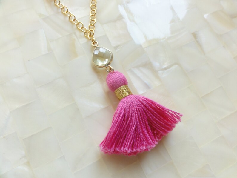Pink Lemonade Faceted Lemon Quartz Vermeil Bezel Connector and Hot Pink Cotton Tassel on Gold Chain Necklace N1715