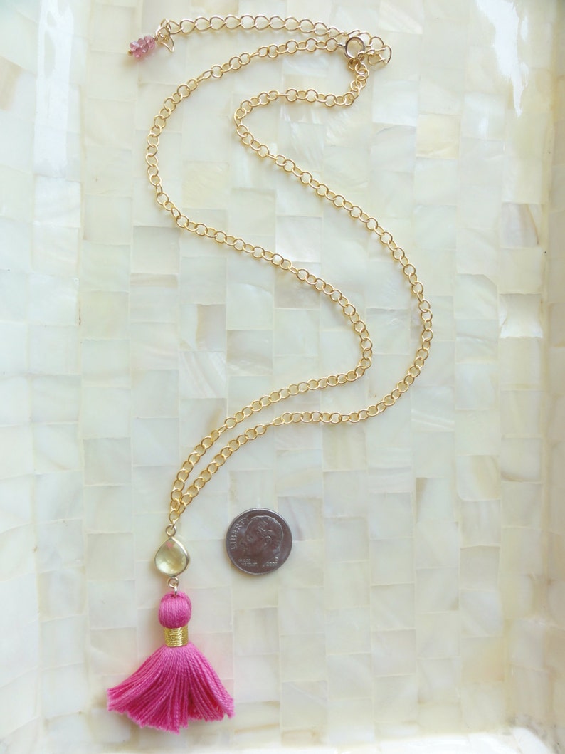 Pink Lemonade Faceted Lemon Quartz Vermeil Bezel Connector and Hot Pink Cotton Tassel on Gold Chain Necklace N1715