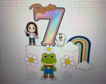 Custom Name Age Cake Topper – Cartoon Girl Frog Rainbow Birthday Party Decoration