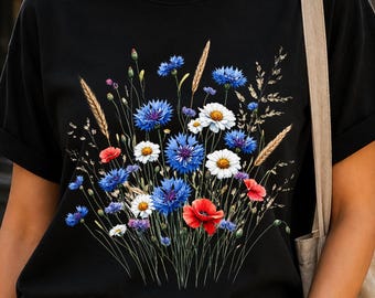 Camiseta de arte botánico, camiseta con estampado floral, camiseta de flores, camiseta de flores silvestres, camiseta de algodón suave, regalo para novia