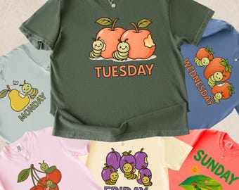 Camiseta del martes de la Oruga Hambrienta, camiseta de manzana con colores cómodos, regalo para profesores de literatura