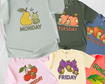 Camiseta de colores cómodos de La oruga muy hambrienta, camiseta de pera del lunes