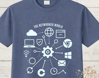Camiseta "Networked World", camiseta de informática, regalo para soporte técnico, camiseta de programador, estética tecnológica digital.