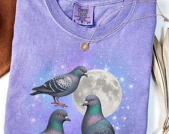 Camiseta con gráfico de paloma retro y colores cómodos, camiseta vintage con luna