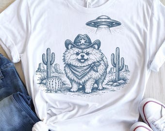 Camiseta Pomerania OVNI, Camiseta divertida de perro alienígena, Camisetas raras para perros, Camiseta de perro vaquero, Camiseta de meme de perro, Regalo para amantes de los perros