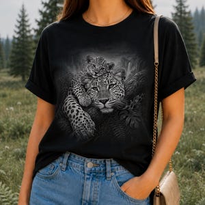 May include: A black short-sleeve t-shirt featuring a detailed grayscale graphic print of an adult leopard and a cub resting together on a tree branch amidst lush jungle foliage, with a waterfall visible in the background.