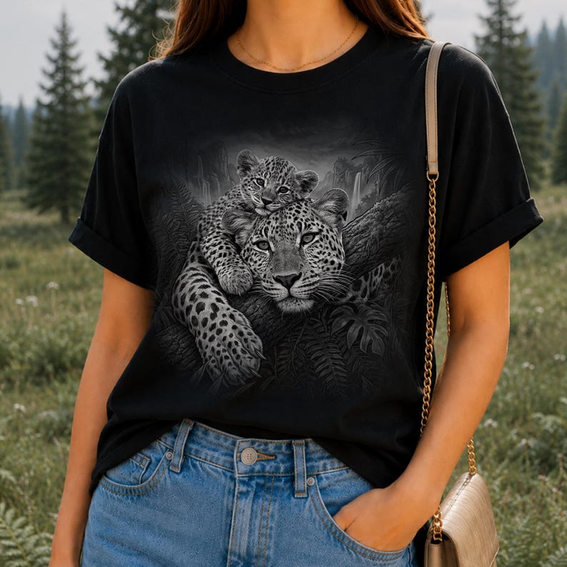 May include: A black short-sleeve t-shirt featuring a detailed grayscale graphic print of an adult leopard and a cub resting together on a tree branch amidst lush jungle foliage, with a waterfall visible in the background.
