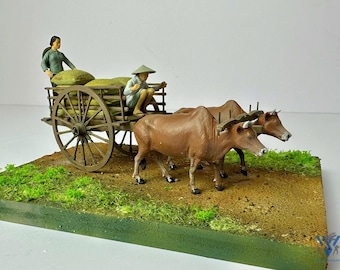 Charrette à bétail de fermier vietnamien 1/35 par Gecko Models - Scène de diorama de village des années 60-70, charrette à bœufs de ferme peinte à la main
