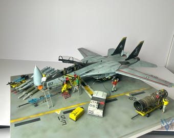 Pre-Order, Complete 1/32 Navy Carrier Deck Set - F-14B "Bombcat" Fighter - Includes Tractor, Engine Stand & Deck Crew - Pro-Built Diorama