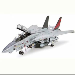 May include: A gray scale model of an F-14 Tomcat fighter jet with an open cockpit canopy. The aircraft features the number 100 on the nose, dual vertical stabilizers with red accents, and mounted missiles under the wings and fuselage.