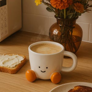 May include: A white ceramic coffee mug with a smiling face and orange feet, filled with coffee. Beside the mug is a slice of toast with cream cheese and a plate with a slice of toast. A vase of orange and yellow flowers sits in the background.