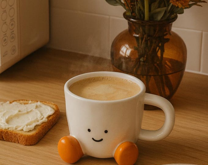 Happy Face Ceramic Mug with Feet: Fun Coffee Cup - Caramel or Chocolate