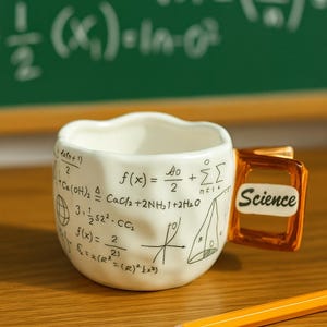 May include: A white ceramic mug with equations and diagrams, labeled "Science" on the handle. A yellow pencil rests on a wooden surface in front of the mug, with a green chalkboard in the background.