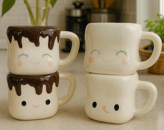 Juego de tazas de café con cara sonriente: diseño de cerámica con goteo de chocolate