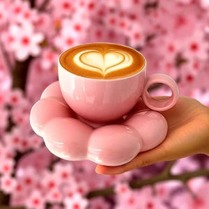 May include: A pink ceramic coffee cup with a heart-shaped design in the foam, resting on a matching flower-shaped saucer. The cup has a rounded handle. The background is a soft focus of pink flowers.