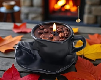Coffee Bean Soy Candle in Black Face Mug: Reusable Ceramic Cup