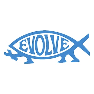 May include: A blue stylized fish with the word "EVOLVE" written inside. The fish has legs and a wrench for a tail.