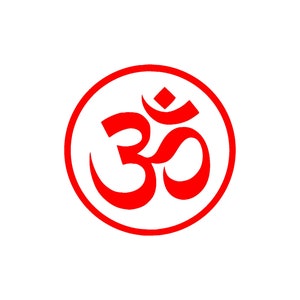 May include: A red circle with a white background and a red Om symbol in the center.
