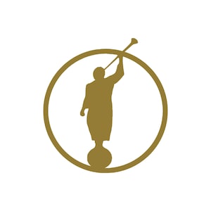 May include: A gold silhouette of a person blowing a trumpet inside a circle. The person is standing on a sphere.