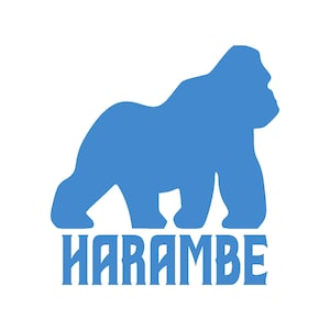 May include: A blue silhouette of a gorilla walking with the word "HARAMBE" in blue text below.