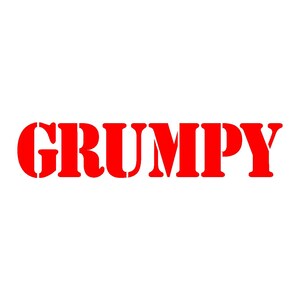 May include: Red text on a white background that reads "GRUMPY".