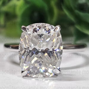 Elongated Cushion Cut Moissanite Engagement Ring: 14K White Gold Hidden Halo